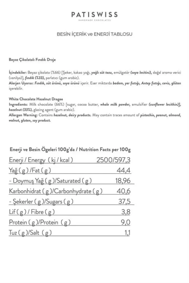 Patiswiss Beyaz Çikolatalı Fındık Draje 80g