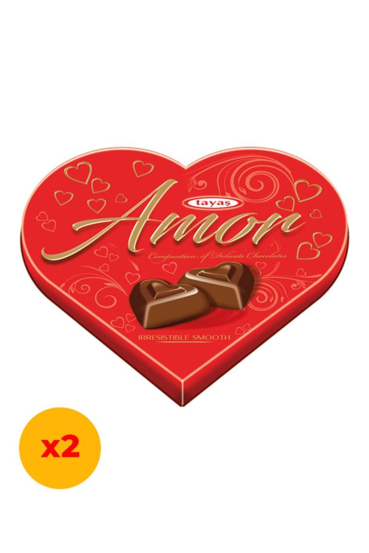 Tayaş Amor Fındık Aromalı Krema Festival Kalp Çikolata Pvc Kutu 100 gr x 2 Kutulu