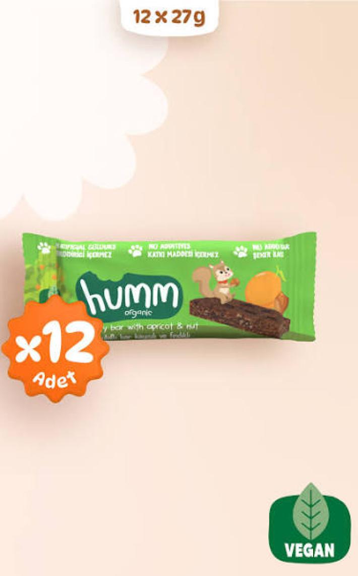 Humm Organic - Organik Vegan Kayısılı ve Fındıklı Yulaf Bar Atıştırmalık Paketi - 12 Adet