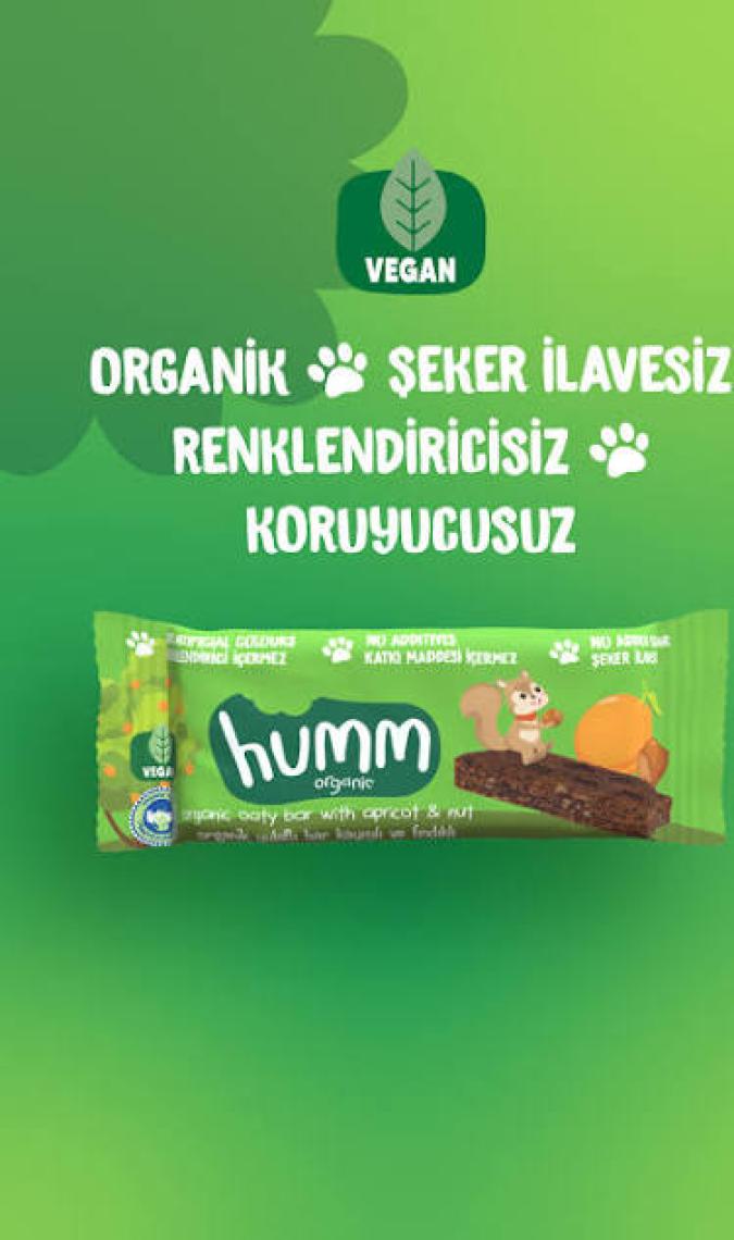 Humm Organic - Organik Vegan Kayısılı ve Fındıklı Yulaf Bar Atıştırmalık Paketi - 12 Adet