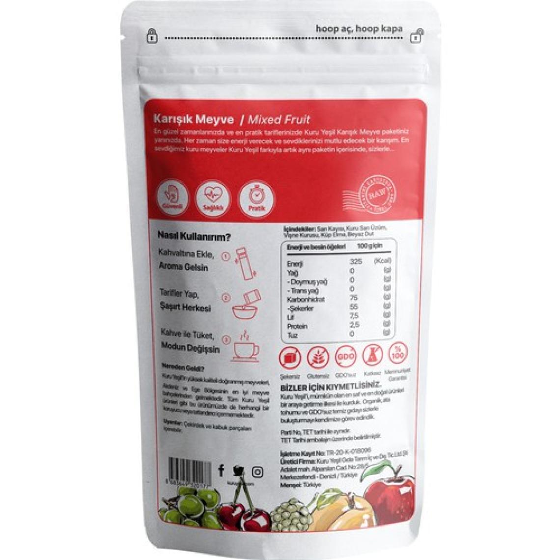 Kuru Yeşil Dried Fruit - Karışık Meyve Kurusu - Dried Fig - Dried Apricot - Apple - Cherry - Mulberry - 100gr