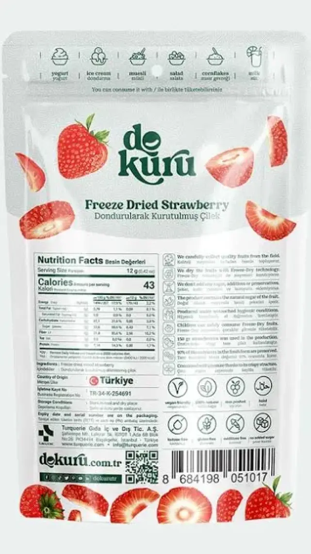 Dokuru Freeze Dried Çilek Dondurularak Kurutulmuş Çıtır Çilek Meyve Cipsi