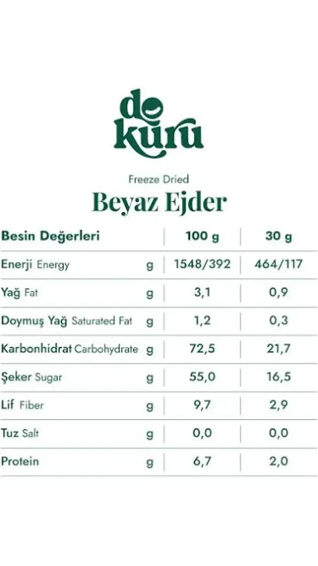 Dokuru Ejder Meyvesi Kuru Meyve Cipsi - Dondurularak Kurutulmuş Freeze Dried Çıtır Beyaz Pitaya