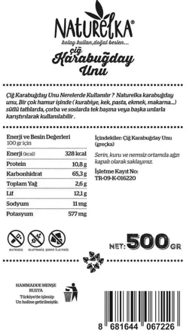 Naturelka Glutensiz Çiğ Karabuğday Unu 500 gr