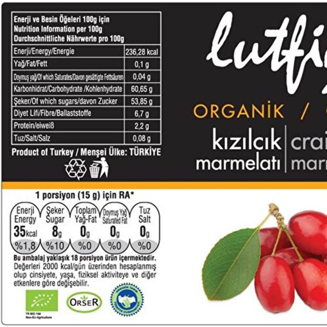 Lütfiye Lutfiye Organik Kızılcık Marmelatı 280 gr