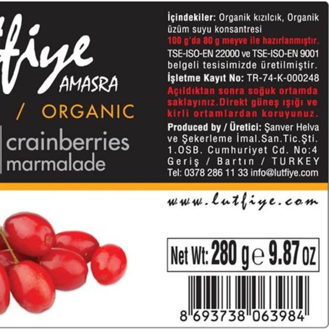 Lütfiye Lutfiye Organik Kızılcık Marmelatı 280 gr