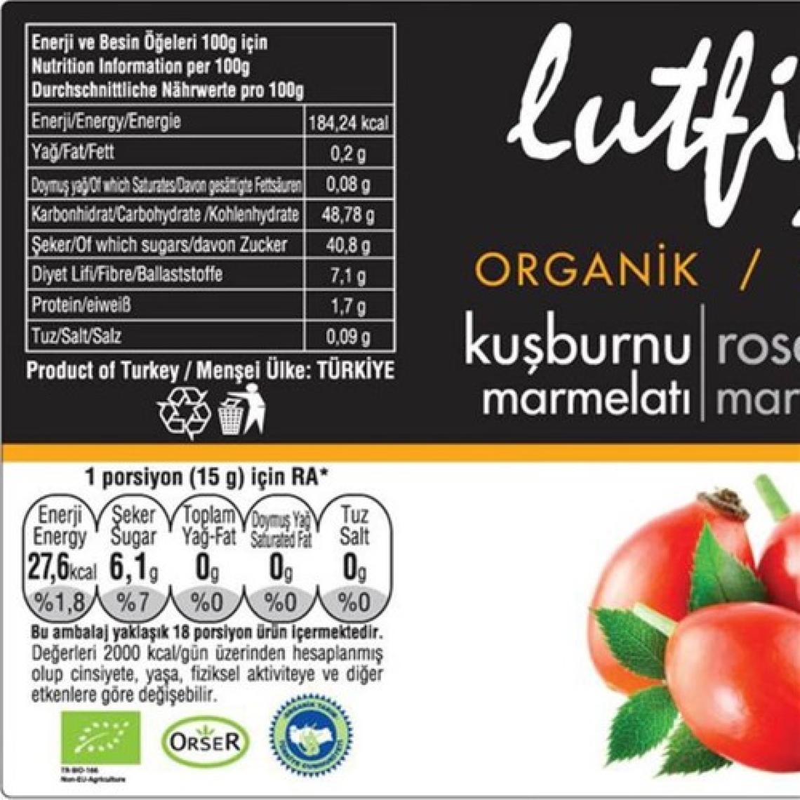 Lütfiye Lutfiye Organik Kuşburnu Marmelatı 280 gr
