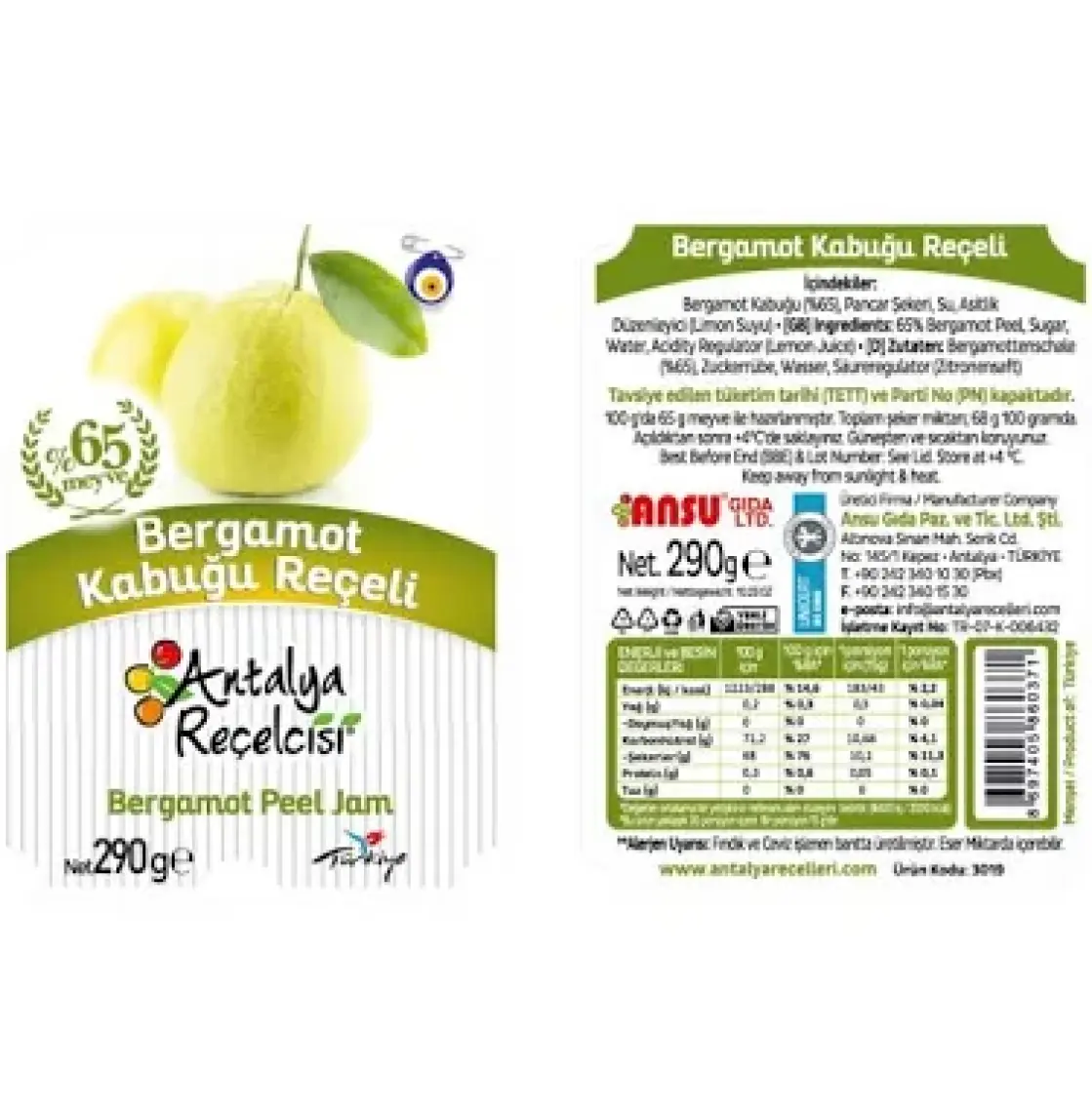 Antalya Reçelcisi 290 gr Bergamot Kabuğu Reçeli