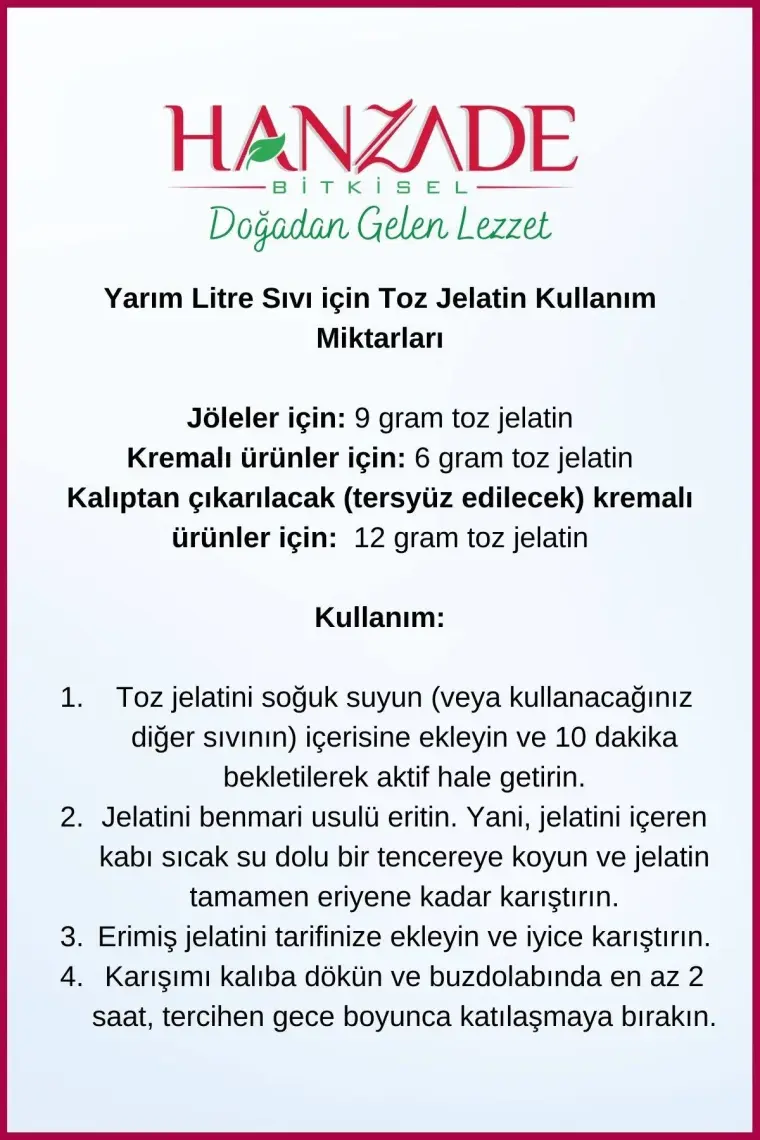 Hanzade Bitkisel Toz Jelatin 100 gr %100 Saf Sığır Jelatini 240 Bloom