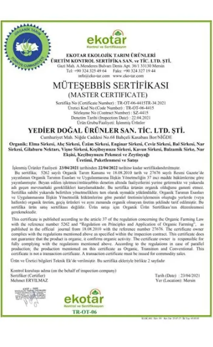 Yedier Organik Alıç Sirkesi 500 ml