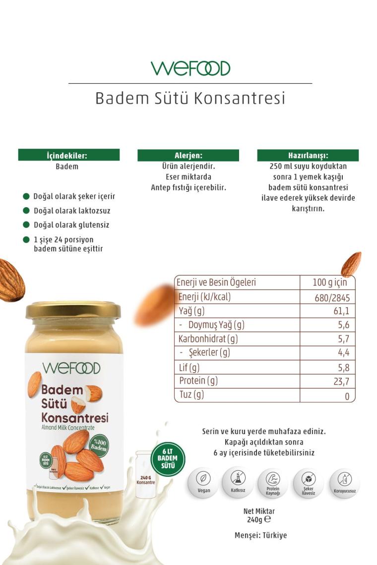Badem Sütü Konsantresi (Şekersiz, %100 Badem) 240 gr