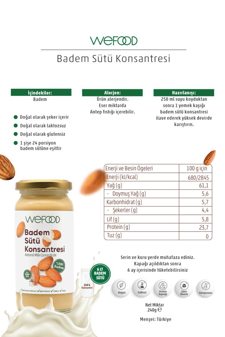Badem Sütü Konsantresi (Şekersiz, %100 Badem) 240 gr