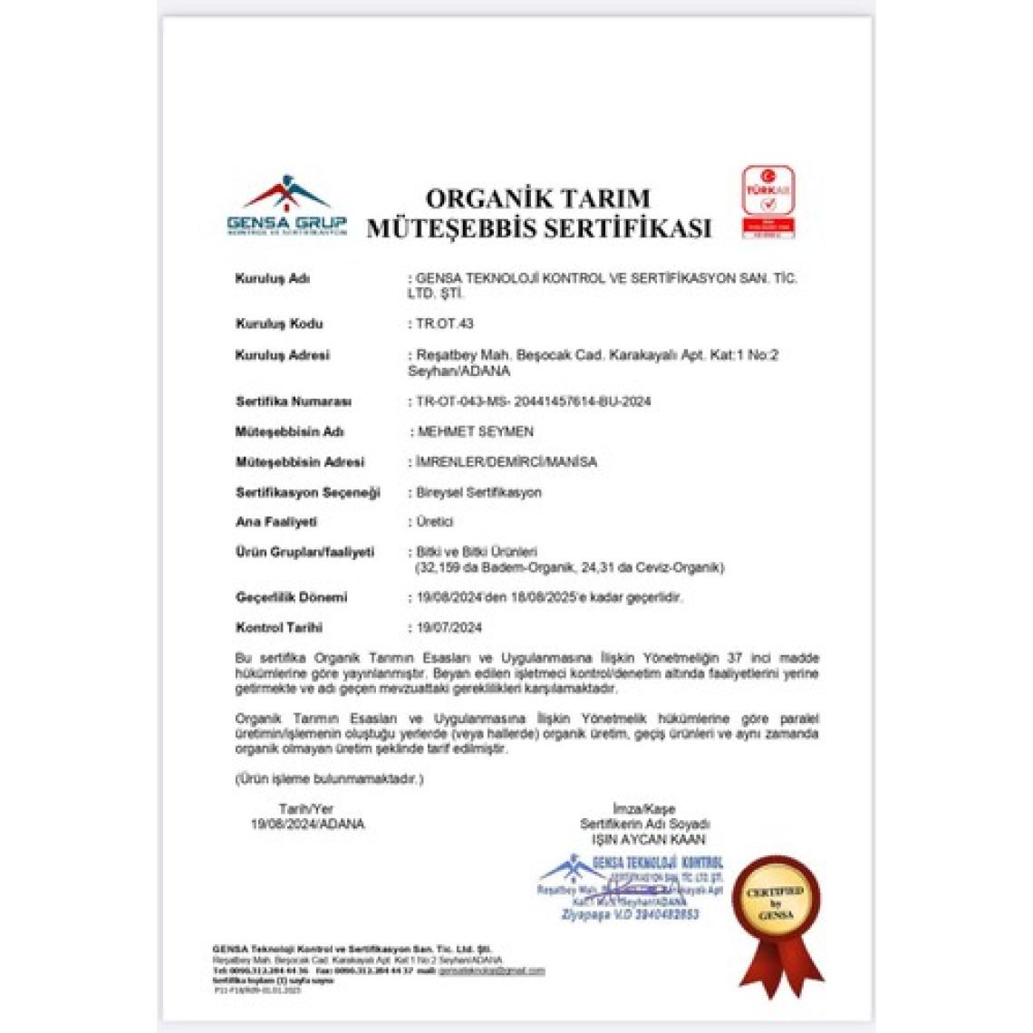 Seymen Bademliği organik çiğ badem 500 gr