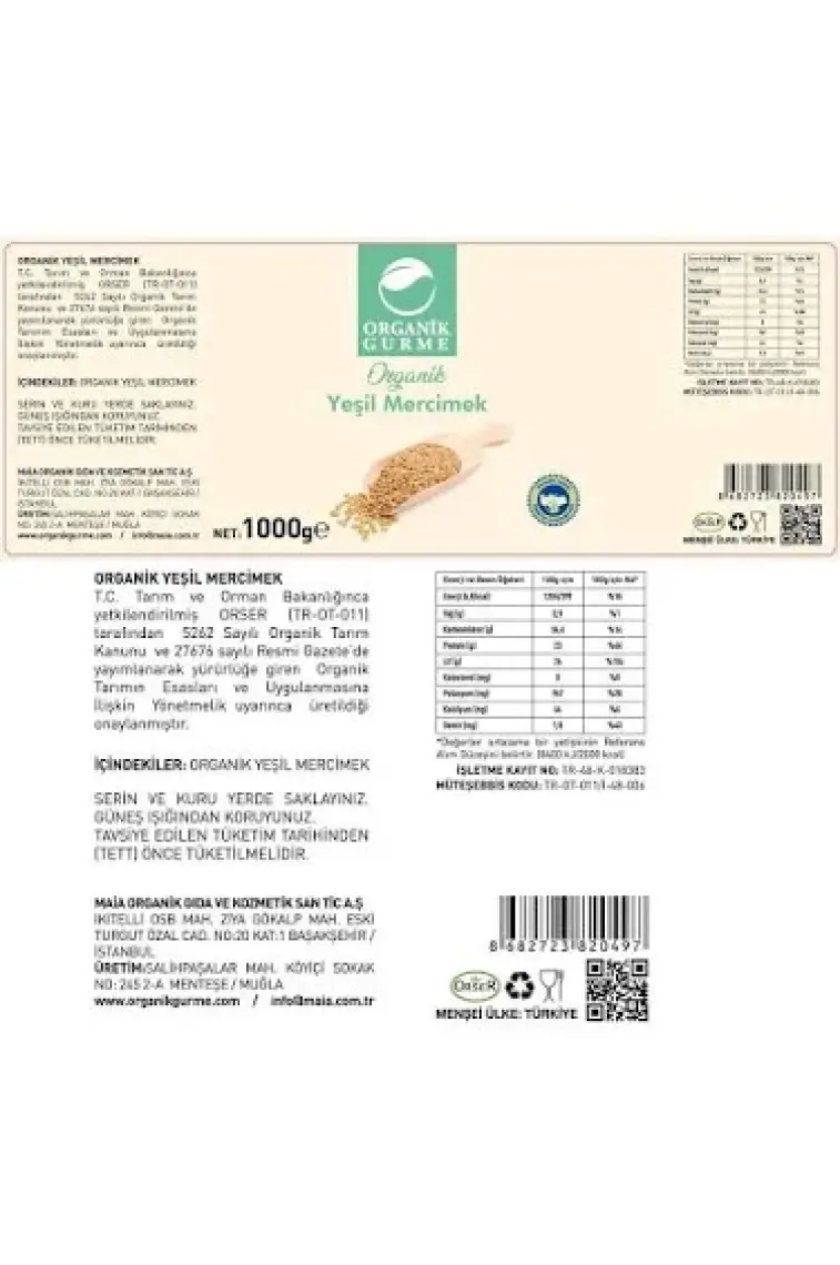 Organik Gurme Yeşil Mercimek 1000 gr
