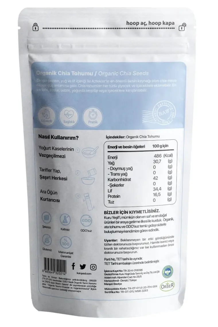 Kuru Yeşil - Chia Tohumu  -  Katkısız - Glutensiz - Chia Seeds - 150 gr