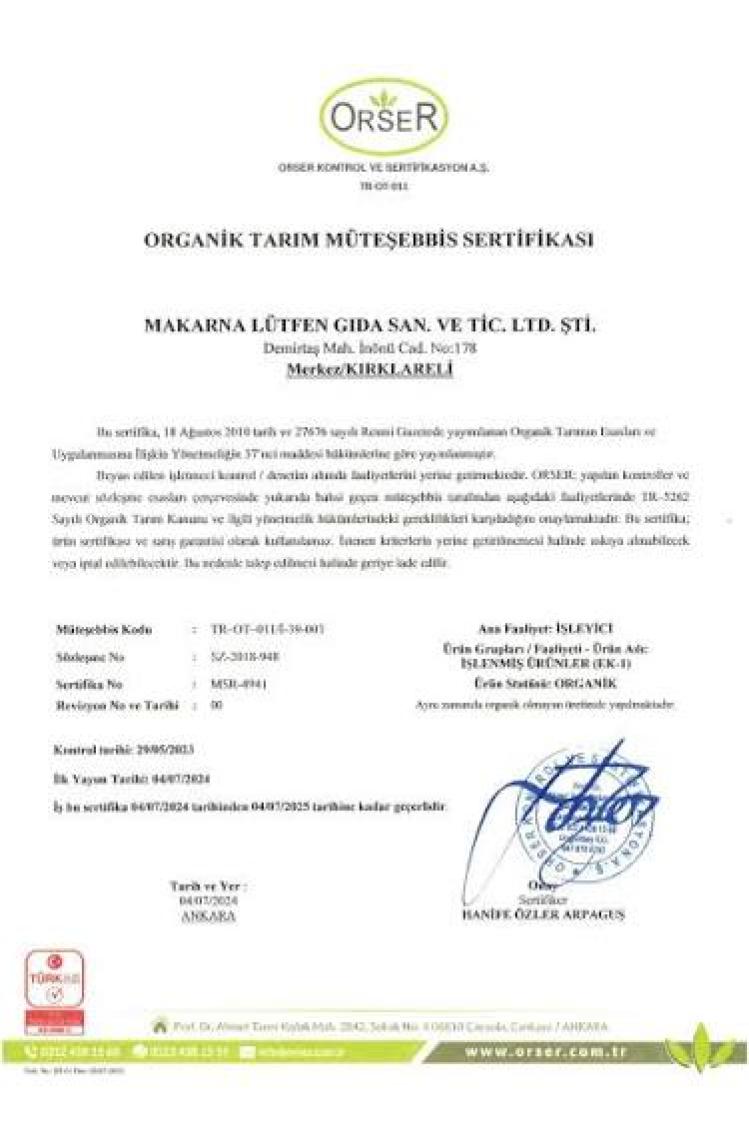 Makarna Lütfen Organik Yeşil Mercimek (250 gram)
