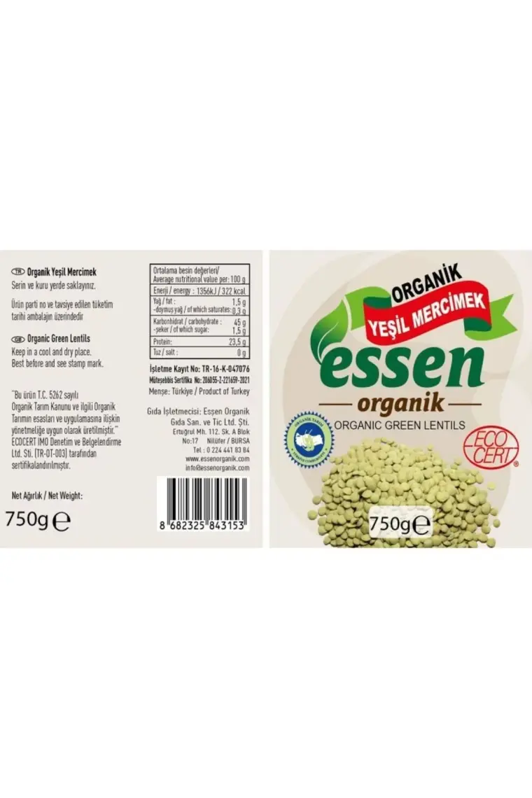 Essen Organik Yeşil Mercimek 750 gr