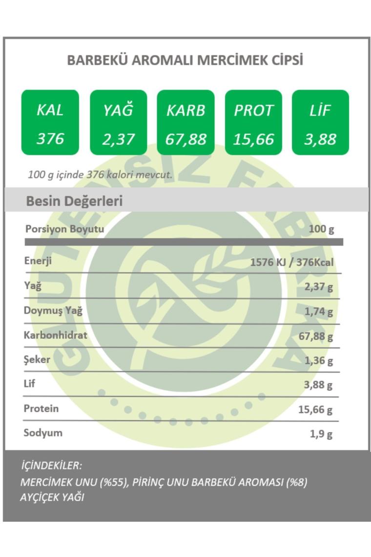 Glutensiz Fabrika Barbekü Soslu Mercimek Cipsi 3 Paket 60 gr
