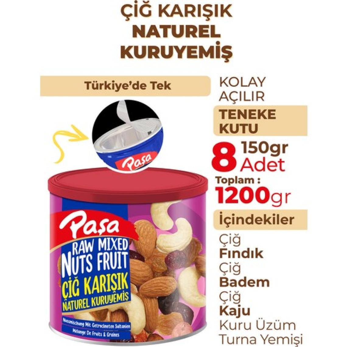 Paşa Kuruyemiş Çiğ Karışık Naturel Kuruyemiş Teneke Kutu 150 gr x 8 Adet