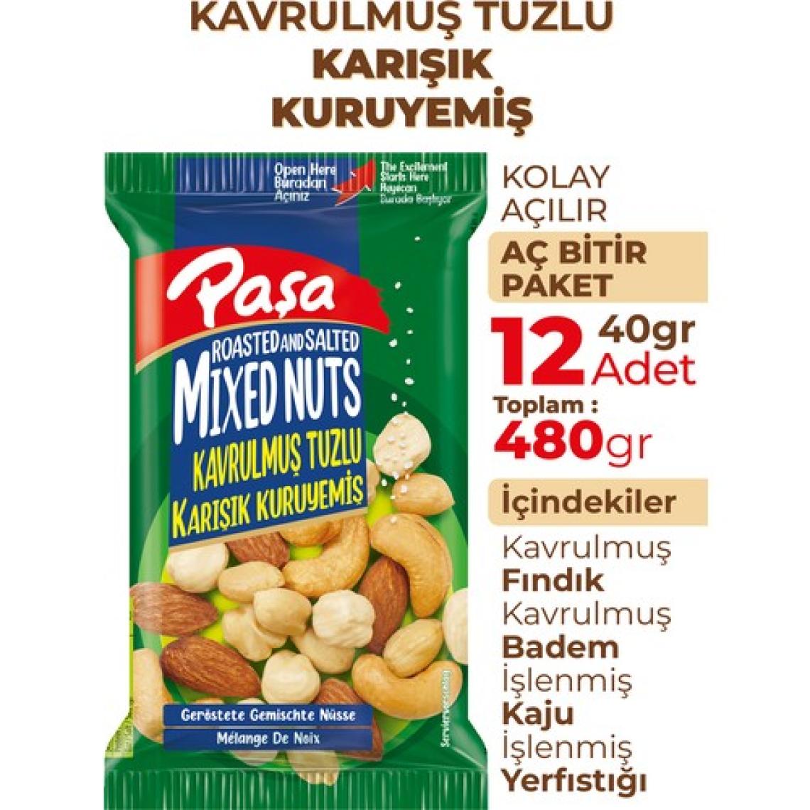 Paşa Kuruyemiş Kavrulmuş Karışık Lüx Kuruyemiş 40 gr x 12 Adet (Toplam 480 gr )