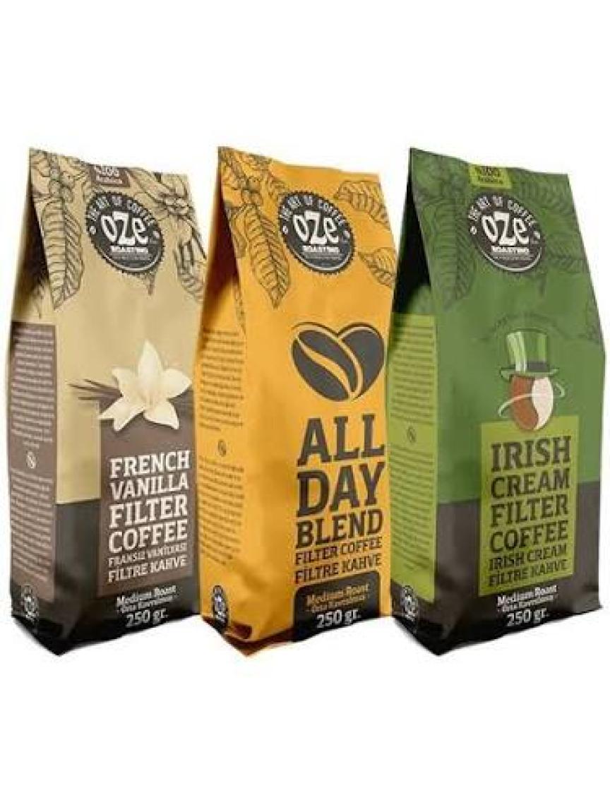 Oze Aromalı Filtre Kahve Tanışma Seti Irish Cream, All Day Blend, Vanilya 3'lü 250G