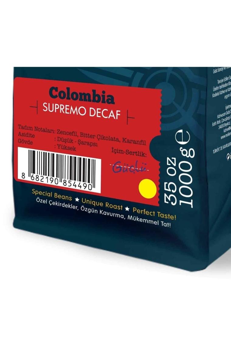 Moliendo Colombia Supremo Decaf Kafeinsiz Çekirdek Kahve 1 kg