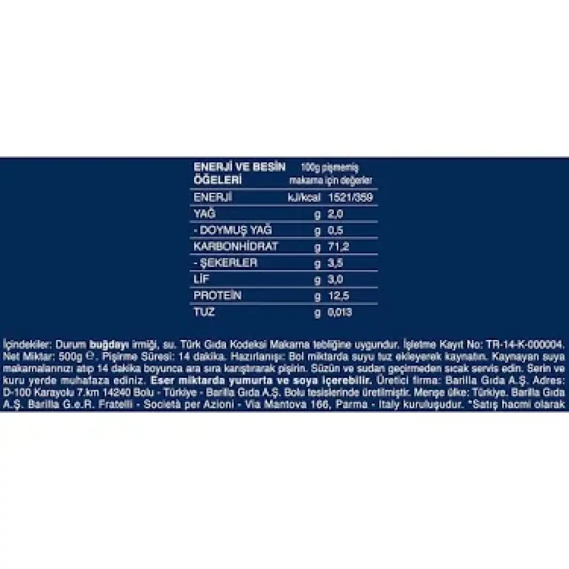 Barilla İnce Uzun/ Sedani Rigati Sade Makarna 500 Gr