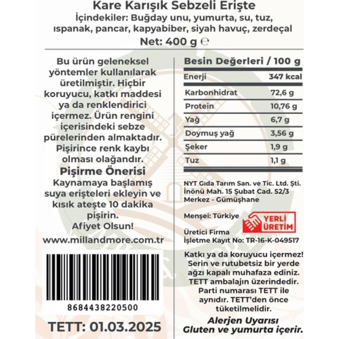 Mill & More El Yapımı Kare Karışık Sebzeli Ev Eriştesi 400 gr