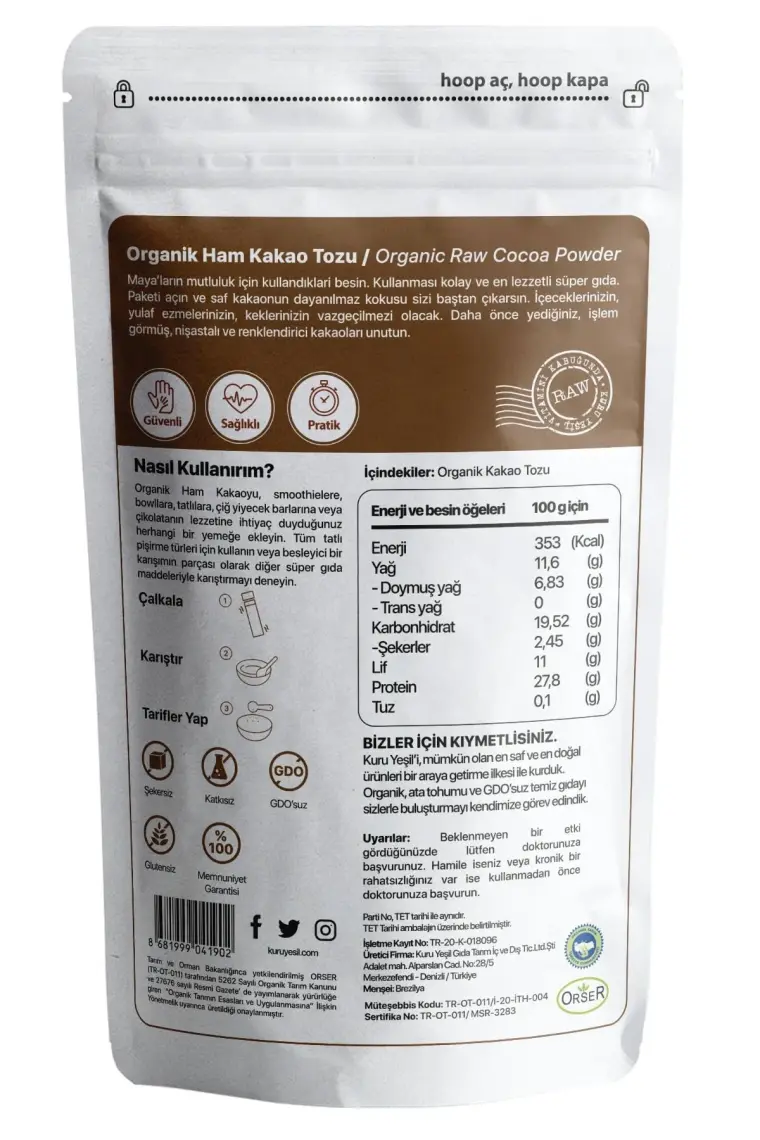 150 gr Doğal Kuru Yeşil Ham Kakao Tozu - Magnezyum ve Mineral Zengini, Katkı Maddesi İçermeyen, Taze Çekilmiş, El Yapımı
