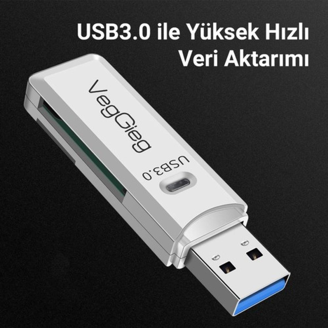 VegGieg USB 3.0 Sd ve Micro Sd Hafıza Kart Okuyucu Beyaz