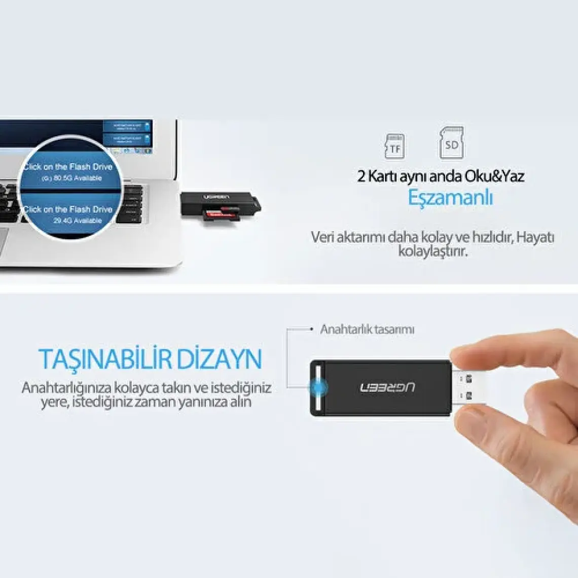 Ugreen USB 3.0 SD ve Micro SD Kart Okuyucu Siyah