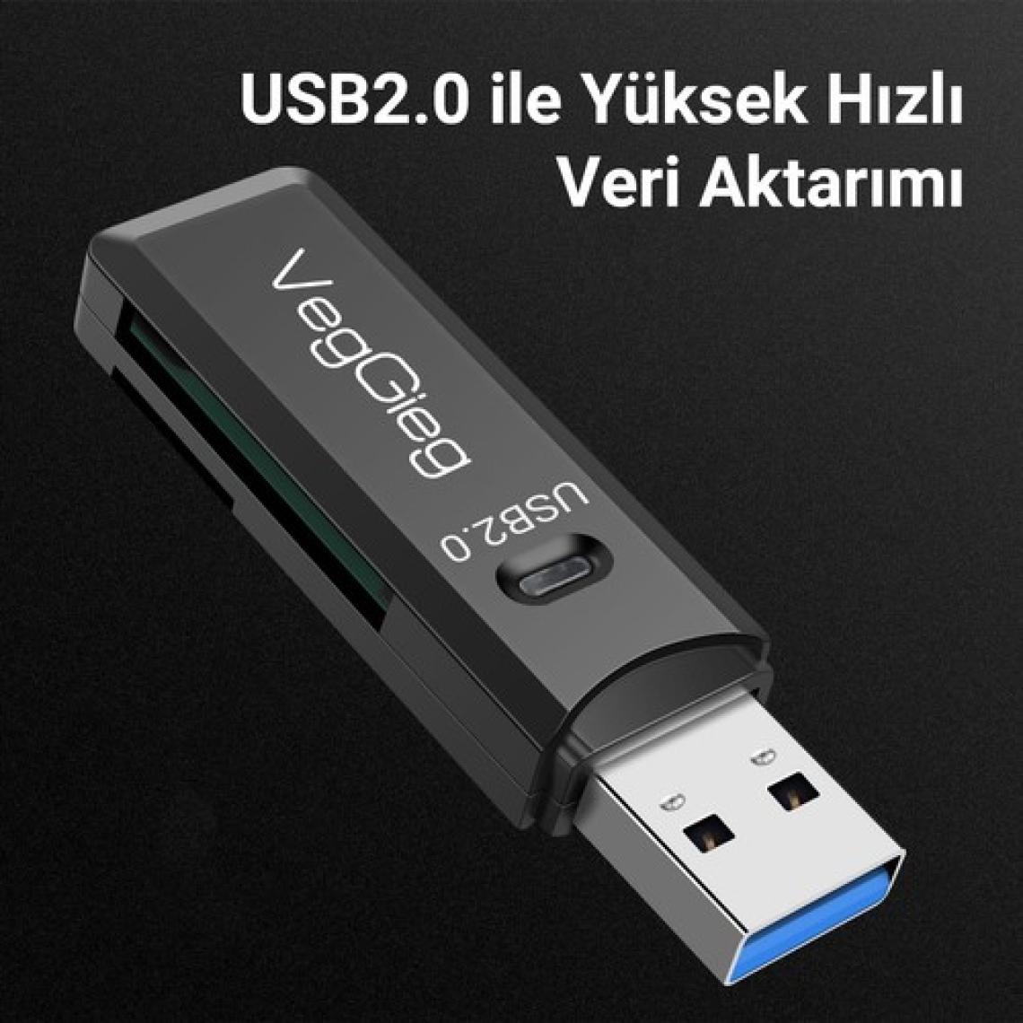 VegGieg USB 2.0 Sd ve Micro Sd Hafıza Kart Okuyucu Siyah