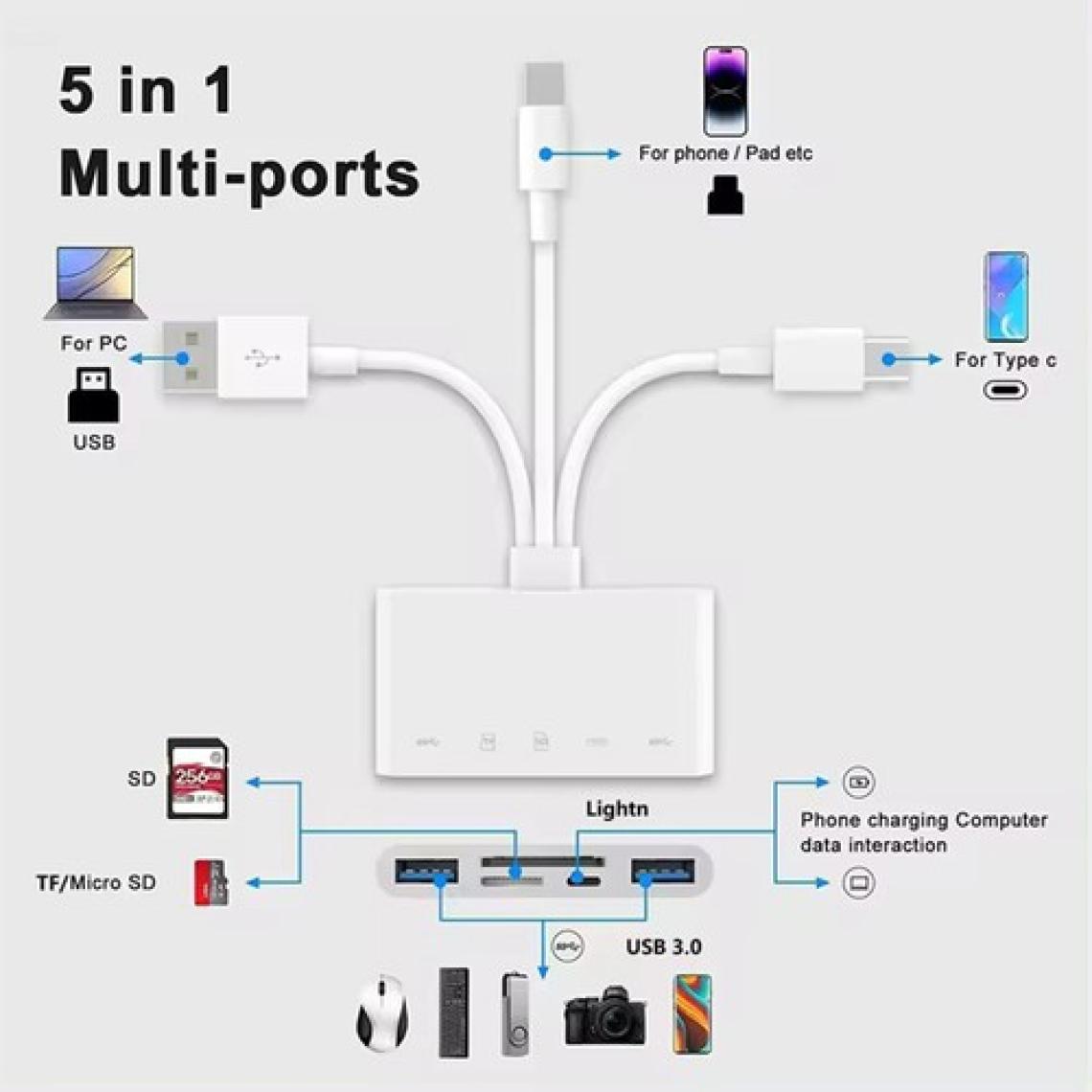Foxyn FXN-1032 Pro Type-C Lightning Usb-A To 2x Usb3.0 Sd Tf Pd Kart Okuyucu Çevirici Hub Adaptör