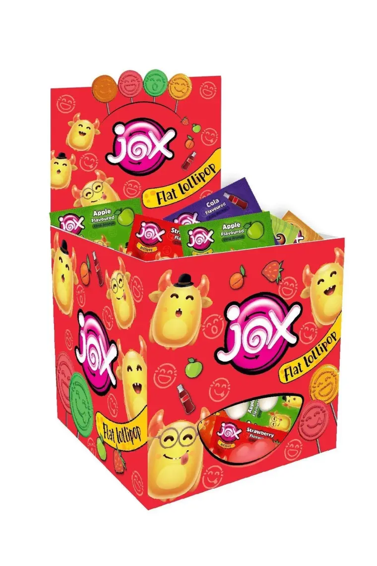 Jox Flat Kabartmalı Yüz İfadeli Çilek-Kola-Şeftali-Elma Aromalı Lolipop Şekerleme 6,2 gr x 150 adet