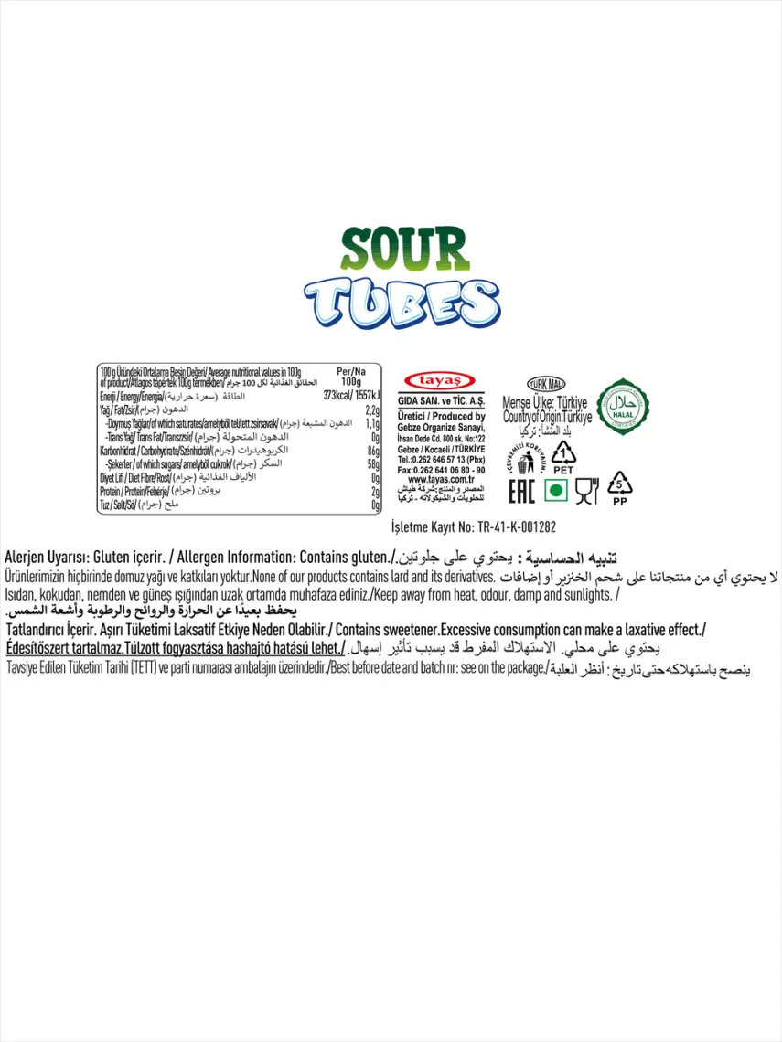 Tayaş Damla Sour Tubes Licorice Ahududu-Böğürtlenli Jel Şeker Poşet 30 Gr X 24 Adet Kutulu