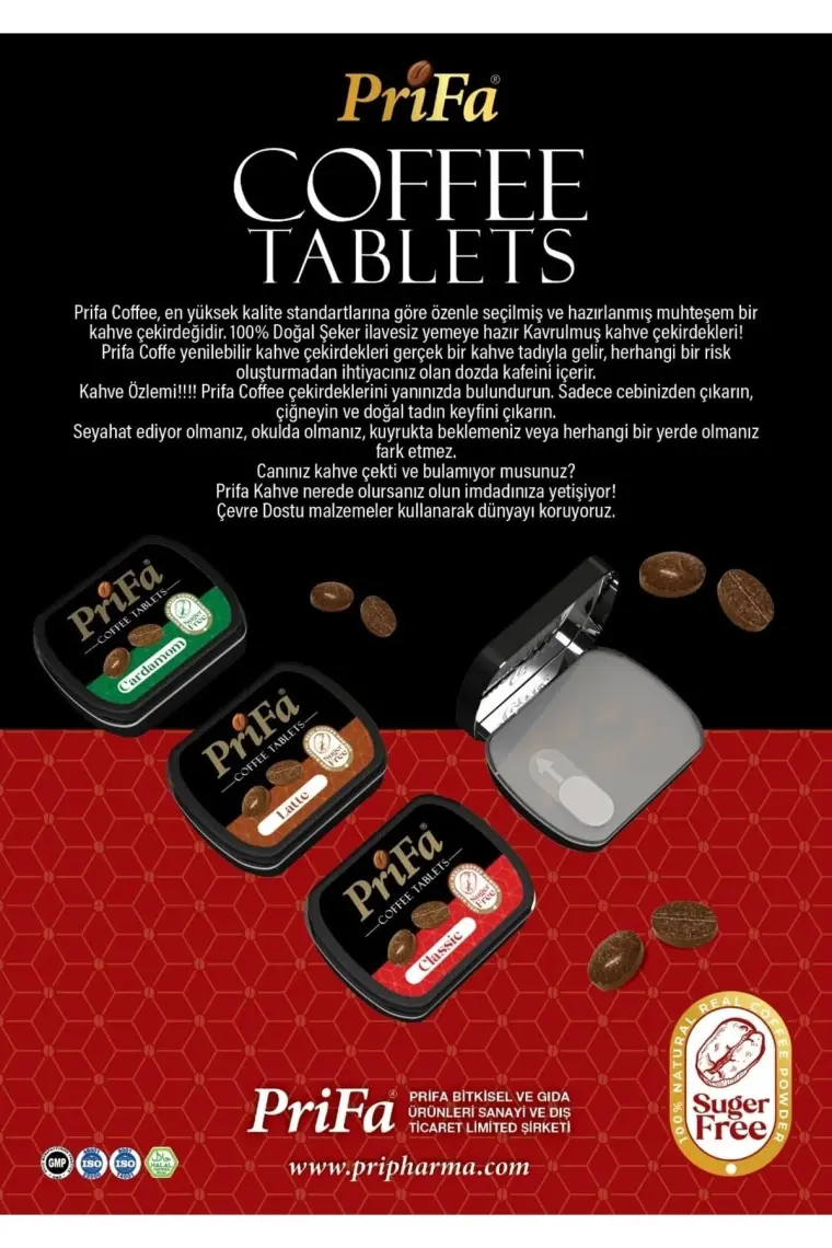 Prifa Coffee Tablets, Kakule Kahve, Şekersiz Gerçek Kahve, Şeker Ilavesiz Emilebilir Kahve Tablet