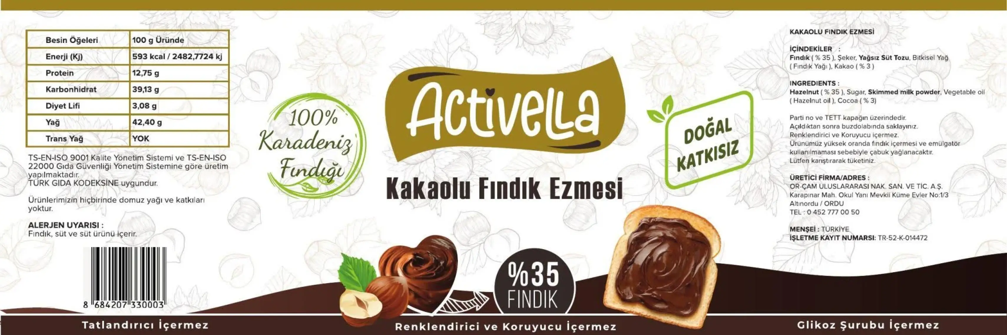 Activella Kakaolu Fındık Ezmesi 330GR %35 Fındıklı