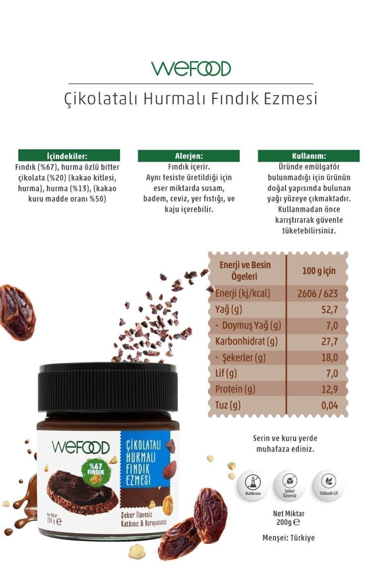 Çikolatalı Hurmalı Fındık Ezmesi (Şekersiz, Katkısız) 200 gr
