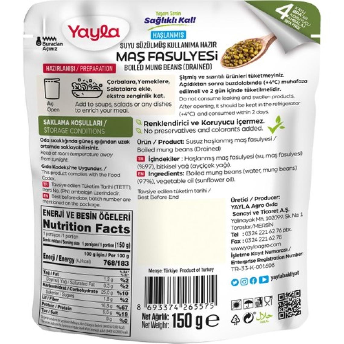 Yayla Haşlanmış Suyu Süzülmüş Maş Fasulyesi 150 g