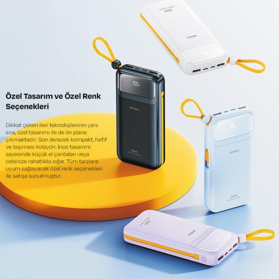 Rosstech RS-500 20.000MAH 22.5W Pd Powerbank Dijital Ekranlı 6 Portlu Dahili Çift Kablolu