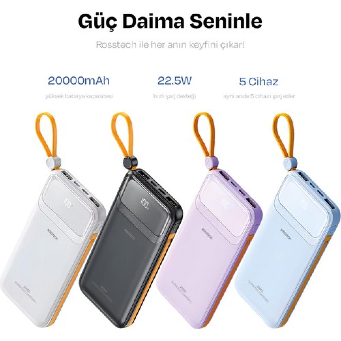 Rosstech RS-500 20.000MAH 22.5W Pd Powerbank Dijital Ekranlı 6 Portlu Dahili Çift Kablolu