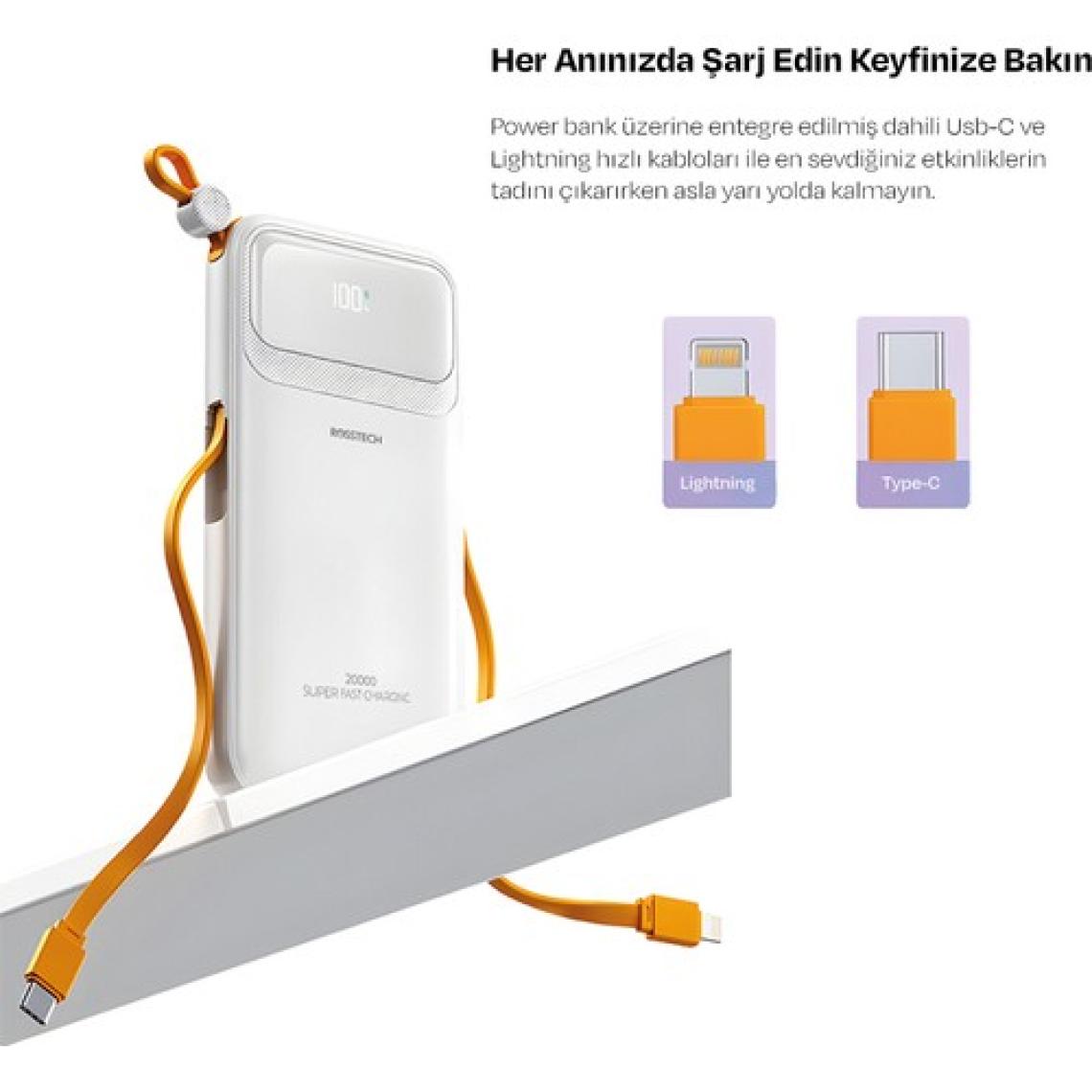 Rosstech RS-500 20.000MAH 22.5W Pd Powerbank Dijital Ekranlı 6 Portlu Dahili Çift Kablolu