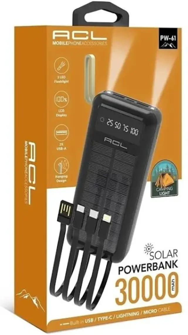 Acl Pw-61 30.000MAH Güneş Enerjili Powerbank | 5 Cihaz Aynı Anda Şarj | Usb-C & Lightning & Micro USB & 2x USB Çıkış | Dahili LED Fener