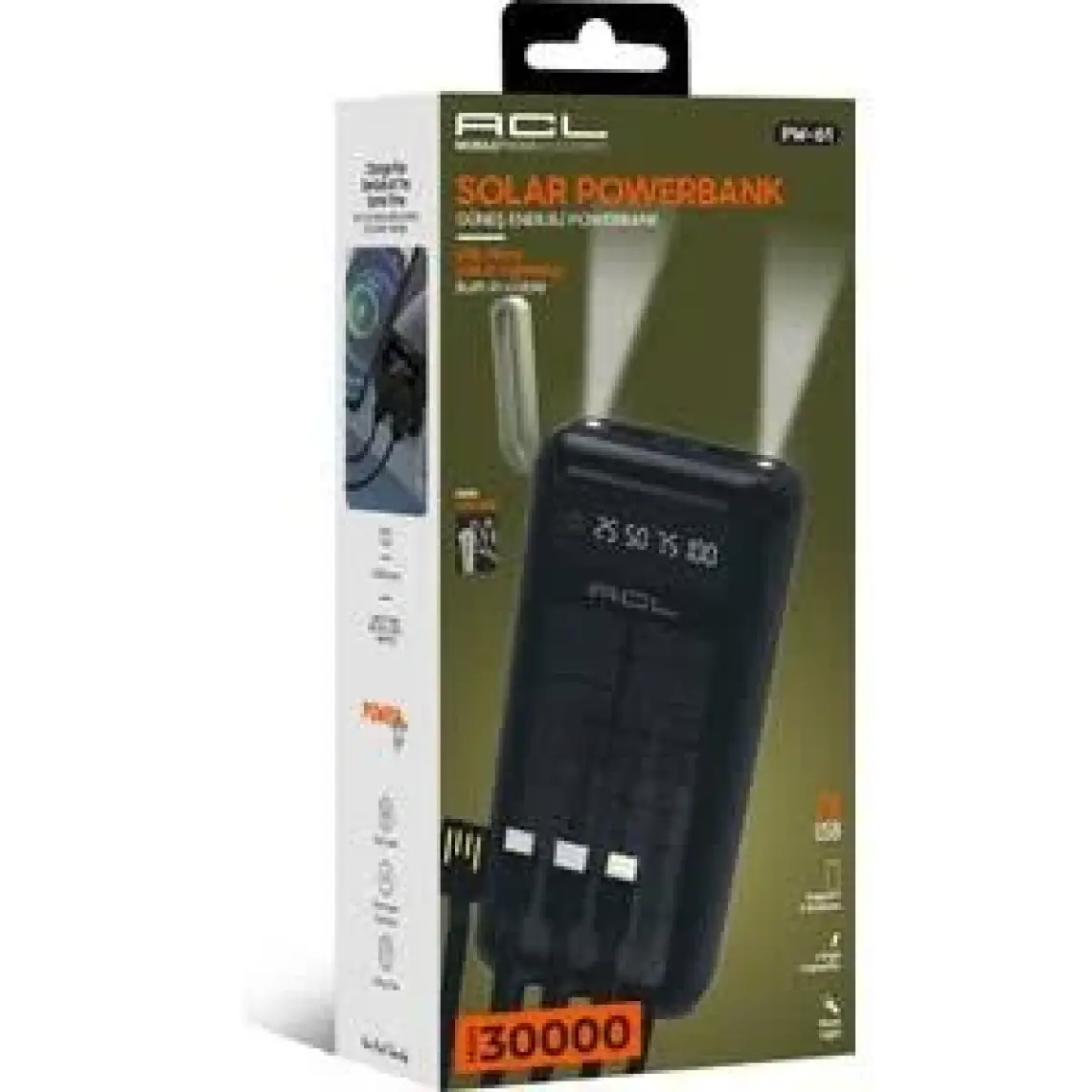 Acl Pw-61 30.000MAH Güneş Enerjili Powerbank | 5 Cihaz Aynı Anda Şarj | Usb-C & Lightning & Micro USB & 2x USB Çıkış | Dahili LED Fener
