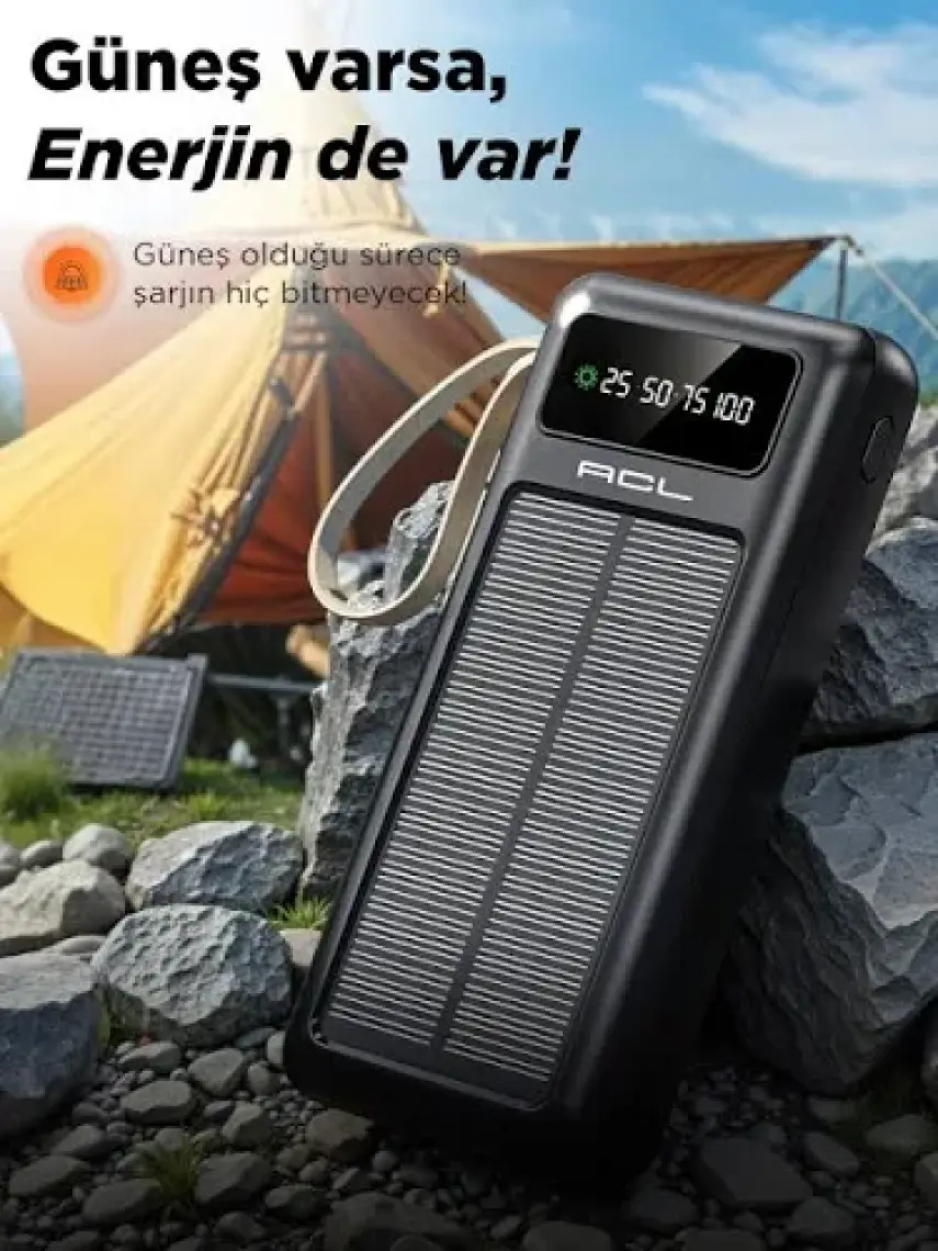 Acl Pw-61 30.000MAH Güneş Enerjili Powerbank | 5 Cihaz Aynı Anda Şarj | Usb-C & Lightning & Micro USB & 2x USB Çıkış | Dahili LED Fener