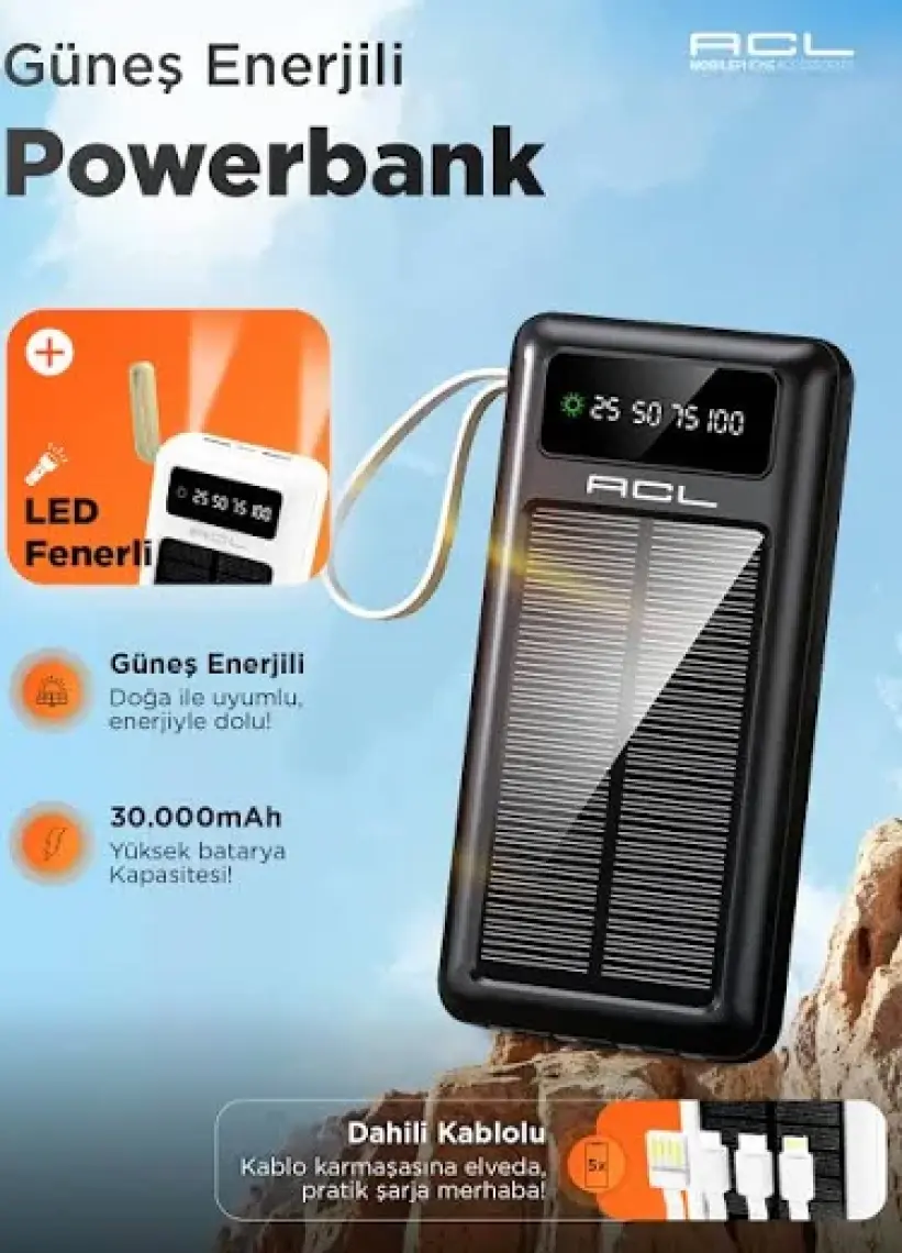 Acl Pw-61 30.000MAH Güneş Enerjili Powerbank | 5 Cihaz Aynı Anda Şarj | Usb-C & Lightning & Micro USB & 2x USB Çıkış | Dahili LED Fener