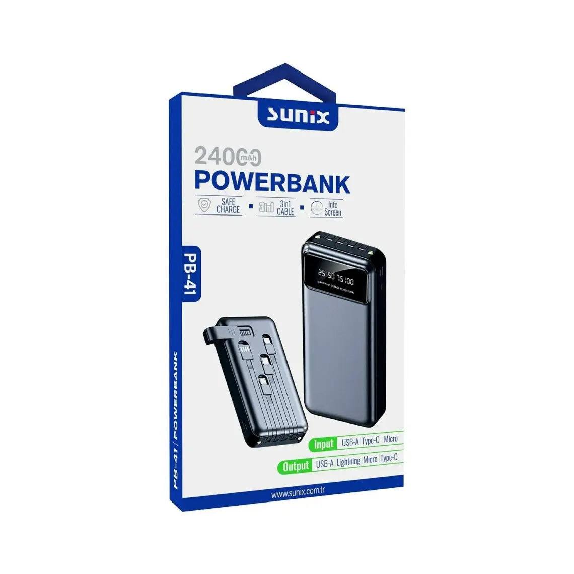 Sunix PB-41 Powerbank Dahili Kablolu 24000 Mah