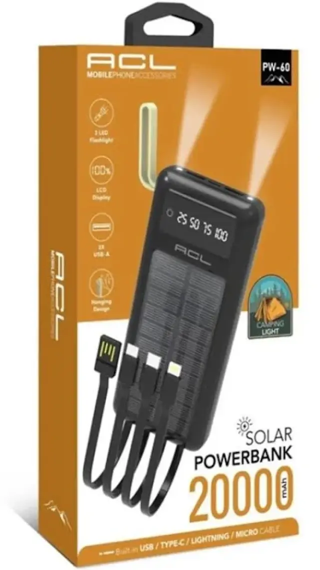 Acl PB-20000 Mah Güneş Enerjisiyle Dolan Tüm Cihazlara Uyumlu Powerbank