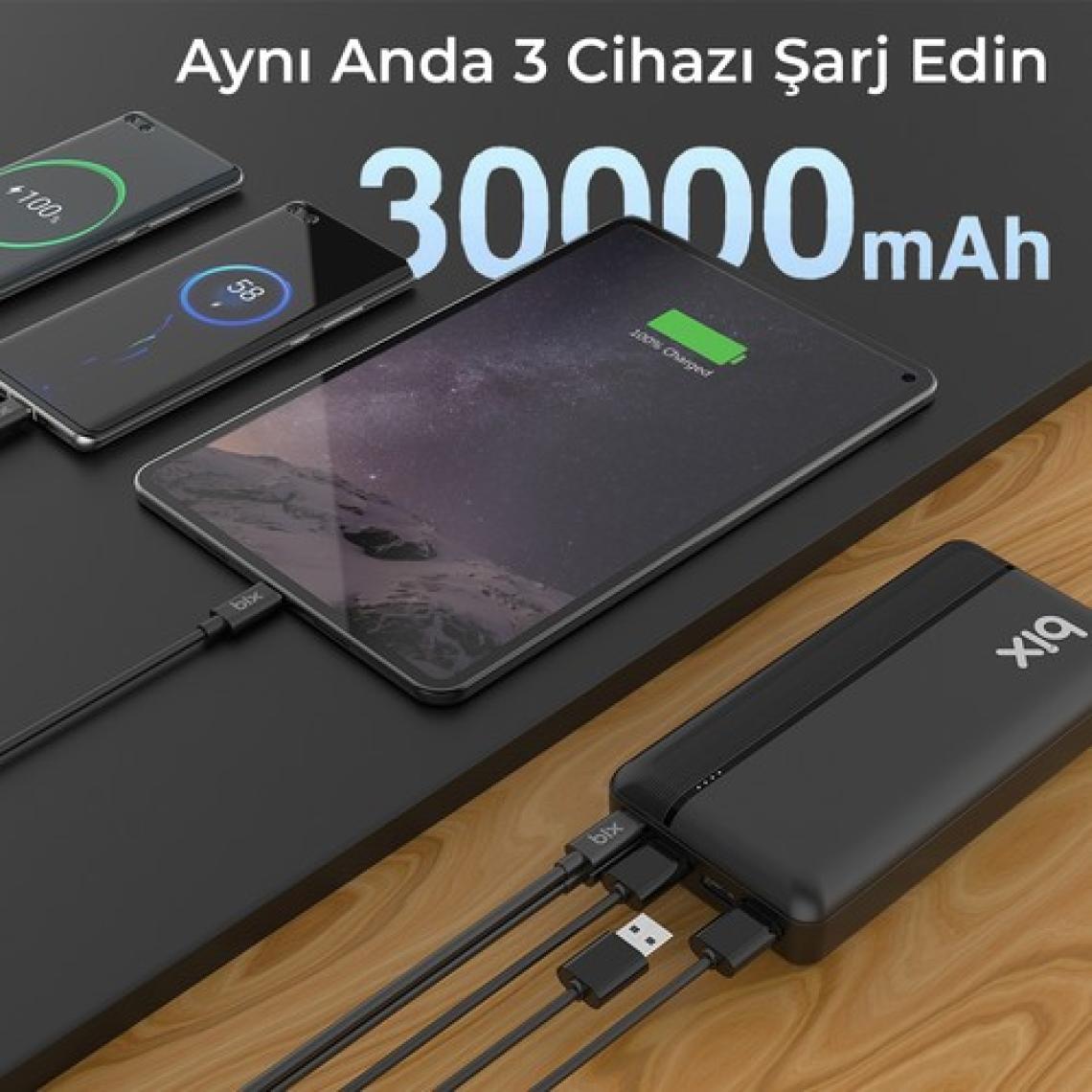 Bix PB302 Dört Portlu PD + 3x USB 22.5W QC Şarj Destekli 30000 mAh Powerbank