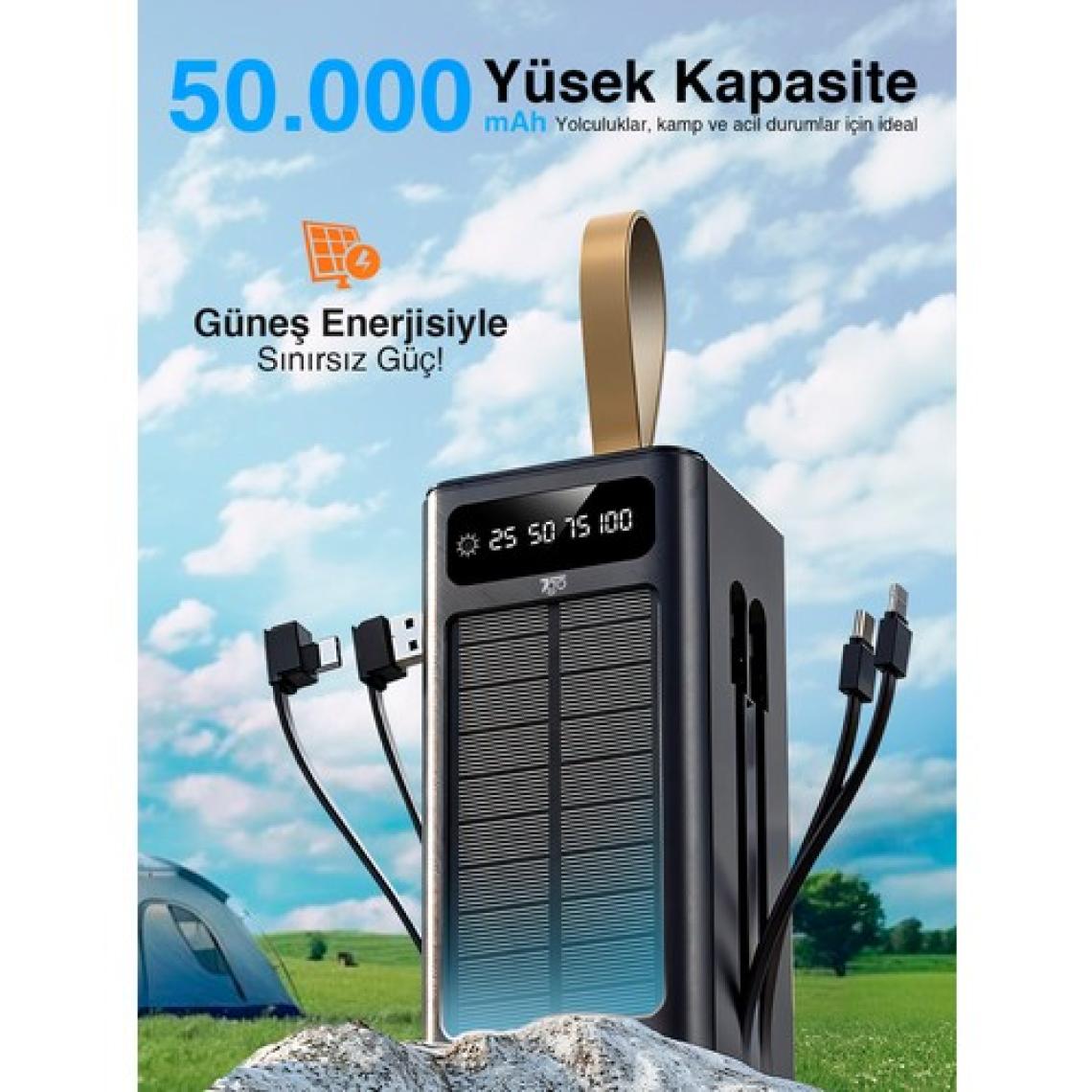 7go Gpw-01 50.000 Mah Solar Powerbank – 22.5 W Hızlı Şarj, Dahili Kablolu, LED Ekranlı Taşınabilir Şarj Cihazı